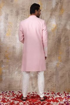 Shop for Smriti by Anju Agarwal Pink Arnit Embroidered Sherwani Set for Men Online at Aza Fashions Pink Sherwani, Embroidered Sherwani, Embroidered Beads, Resham Work, Silk Pant, Bird Pattern, Bird Patterns, Pink Beads, Band Collar