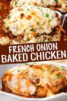 french onion baked chicken in a white casserole dish