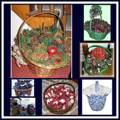 several pictures of different baskets with flowers and plants in them, including an ornament