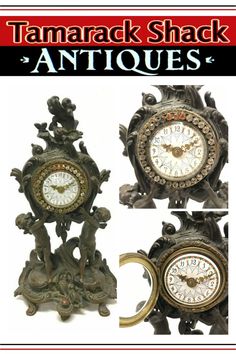 an antique clock with ornate carvings on the sides is featured in this advert for tampa shack antiques