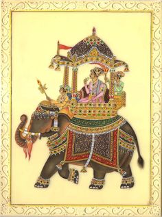 an elephant with people riding on it's back in front of a yellow background