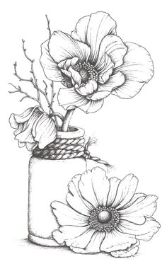 a drawing of flowers in a vase with one flower on the top and another flower on the bottom