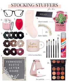 the contents of a stocking stuff list are shown in pink and black, including eyeliner