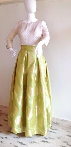 Lime green Brocade skirt and cream silk brocade crop top with pink embellished dupatta Brocade Skirt, Box Pleat Skirt, Cream Silk, Silk Brocade, Box Pleats, Gorgeous Fabrics, Skirt Fashion, Pleated Skirt, Lime Green