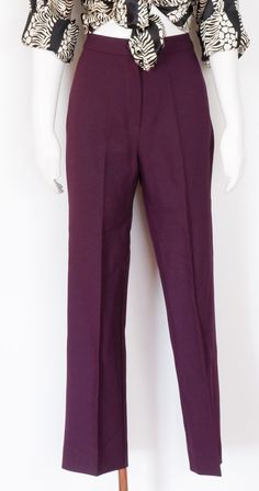 "Classic 1970's straight leg pants Dark purple polyester High Rise Straight leg Permanent crease Measurements: Best fits - Small Waist - 25\" Hip  - 35\" - 36\" Length - 39.5\" Rise - 12.5\" Inseam - 30\" Condition - Excellent - No major flaws Label - none *All measurements are taken in inches. Please compare and ensure fit of item before purchase. Please feel free to contact me with any questions. Looking for more pants? Check out these listings: https://www.etsy.com/shop/flatlandfinery?section Purple Straight Leg Pants For Fall, Full Length Purple Pants, Purple Straight Pants For Formal Occasions, Formal Purple Straight Pants, Formal Full-length Purple Bottoms, Purple Formal Full-length Bottoms, Purple Full Length Formal Bottoms, Full Length Purple Formal Bottoms, Purple Straight Leg Work Pants