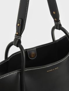 Black Large Stitch-Trim Slouchy Tote Bag - CHARLES & KEITH US Dress And Flats, Charles And Keith Bags, Slouchy Tote Bag, Charles And Keith, Circle Handle, Slouchy Tote, Black Strappy Sandals, Oversized Tote Bag, Oversized Tote