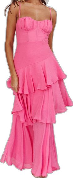 Chic Layered Tiered Ruffle Dress, Chic Layered Ruffle Dress With Tiered Skirt, Chic Layered Tiered Skirt Ruffle Dress, Pink Tiered Ruffle Dress With Layered Hem, Tiered Maxi Dress With Layered Hem For Party, Summer Party Maxi Dress With Layered Hem, Flowy Ruffle Dress With Tiered Skirt For Party, Tiered Flowy Skirt Maxi Dress, Flowy Tiered Skirt Ruffle Dress For Party