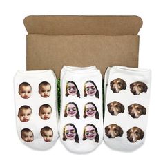 A fun custom gift for your friends and family. While many of us won't see each other in person, you can still send warm wishes with our custom photo set. We personalize each pair of these no show socks with your photos printed on 3 pairs of socks.  Just provide the three photos using the link below and we'll take it from there! The faces will be clipped out of the photo to be printed on the socks.We designed this gift box so it can be shipped directly to your gift recipient, along with a persona Sublimacion Ideas, Face Socks, Personalized Socks, Personalised Gift Boxes, Kraft Boxes, Personalized Note Cards, Wedding Chicks, Sock Gifts, No Show Socks