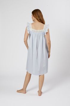 Our Maggie Nightgown is made with super-soft brushed cotton that's extra gentle on your skin even while you sleep. The pull over style gown features a square neckline and delicate flutter sleeve, both adorned with Venetian laces across the front and back. Refined Simplicity. * Brushed Cotton * Hits just below the knee * True to Size. * Machine wash cold with like materials. Hang Dry. Blue Cotton Sleepwear, Light Blue Cotton Sleepwear For Sleepover, Cotton Sleepwear With Lace Trim For Bedtime, Light Blue Relaxed Fit Sleepwear For Loungewear, Relaxed Fit Light Blue Sleepwear For Loungewear, Blue Cotton Sleepwear With Lace Trim, Blue Relaxed Fit Sleepwear For Overnight, Light Blue Cotton Nightgown For Loungewear, Blue Nightgown For Spring Loungewear