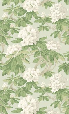 a green and white flowered wallpaper with lots of leaves on the top of it