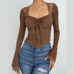 Please refer to our sizing chart for a guideline when choosing a size. 5 business days order processing time. 90% cotton 10% spandex Fall Cotton Tops With Lace Sleeves, Fitted Long Sleeve Top With Drawstring, Fitted Cotton Tops With Drawstring, Brown Top Aesthetic, Bell Sleeve Top Outfit, Sade Style, Brown Y2k Outfit, Fem Fits, Sleeve Shirt Outfit