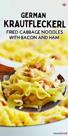 a spoon full of food with the title german krautfleckerl fried cabbage noodles with bacon and ham