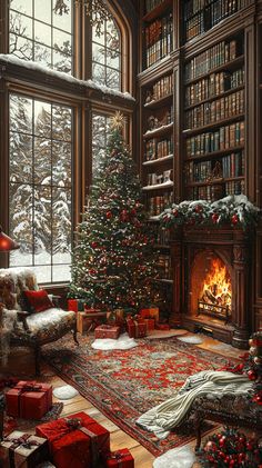 a christmas tree is in the corner of a room with a fireplace and bookshelves