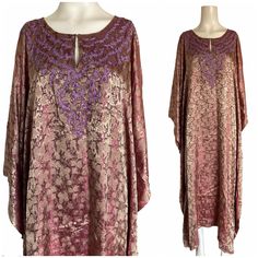 Vintage Smithsonian Institution Gold Purple Shimmering Embroidered Kaftan Dress M-L. Soooooo Gorgeous! In Great Condition, No Flaws. Gold /Berry Red Shimmering Kaftan With Purple Embroidery. Keyhole Detail At Collar With Hook-Eye Closure. This Is Labeled A Sz M Would Easily Fit A L. Please Go By Measurements. Total Width Is 51” But Inner Side Seams Is 36” 52” Long * Vintage, 60’s 70’s Hippie, Cult, Embroidery, Satin, India, Festive Silk Purple Kaftan, Festive Purple Silk Kaftan, Festive Purple Tunic Dress, Bohemian Purple Dresses For Evening, Purple Silk Dresses With Floral Embroidery, Embroidered Purple Silk Dress, Festive Purple Embroidered Kaftan, Long Purple Festive Kaftan, Pink Bohemian Kaftan For Evening