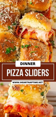 pizza sliders stacked on top of each other with text overlay that reads dinner pizza sliders