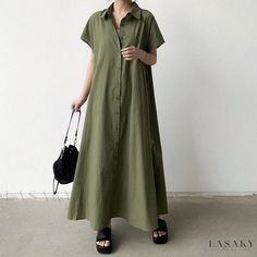 Lasaky - Loose-Fit Linen Short-Sleeve Shirt Dress with Turn-Down Collar Green Short Sleeve Maxi Dress For Fall, Fall Green Maxi Dress With Short Sleeves, Casual Long Shirt Dress, Oversized Solid Color Short Sleeve Shirt Dress, Oversized Short Sleeve Shirt Dress In Solid Color, Khaki Short Sleeve Shirt Dress For Spring, Oversized Solid Shirt Dress With Short Sleeves, Khaki Short Sleeve Dress With Relaxed Fit, Khaki Short Sleeve Relaxed Fit Dress