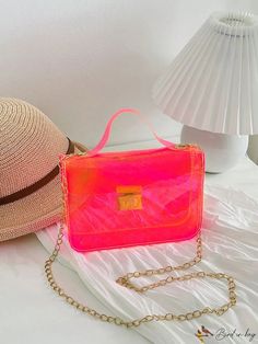 BirdinBag - Neon Pink Mini Square Bag: Stylish, Clear Top Handle for a Funky Look Clear Top, Chain Pattern, Stylish Top, Orange Top, Word Wrap, Pink Mini, Bag Bag, Neon Orange, Square Bag