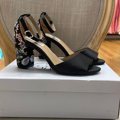 Brand New Steve Madden Black Satin Sandal. Embroidered Floral Ankle Strap. Sz 7. 3” Block Heel, Includes Box Formal Floral Print Open Toe Sandals, Formal Floral Print Sandals For Spring, Elegant Embroidered Open Toe Sandals, Party Heels With Floral Embroidery And Block Heel, Spring Embroidered Fitted Heels, Embroidered High Heel Sandals For Party, Embroidered Heels For Summer Formal Events, Formal Embroidered Sandals For Summer, Formal Open Toe Heels With Floral Embroidery