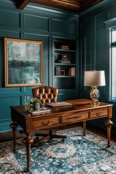 an office with blue walls and leather furniture