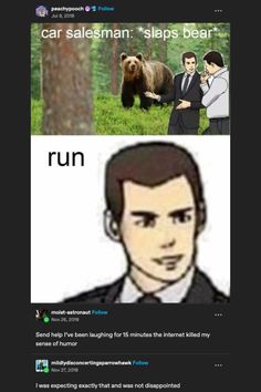 an image of two men in suits and one bear with caption that reads, car salesman slaps bear?