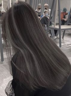 Slate Hair Color Grey, Natural Highlights For Brown Hair Dark, Korean Straight Hair, Hair Highlights Straight, Most Attractive Hair Color, Dark Hair Colour Ideas, Ashy Babylights On Dark Hair, Cool Tone Hair, Long Hair Korean