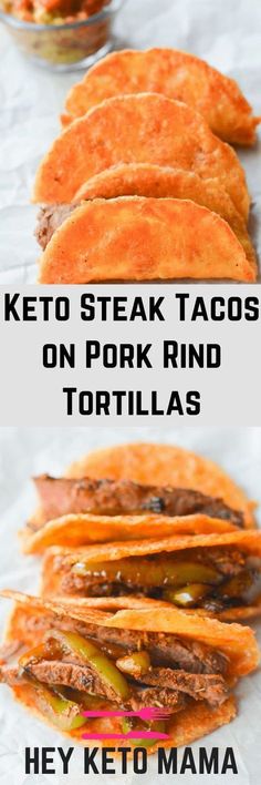 keto steak tacos on pork rind tortillas with text overlay that says keto steak tacos on pork rind tortillas