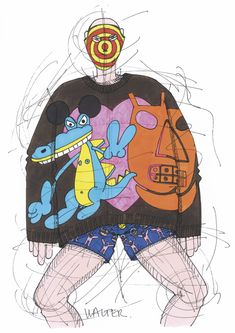 a drawing of a man wearing shorts and a sweater with an animal on it's chest