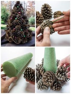 pine cones are being made into a christmas tree