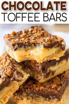 chocolate toffee bars stacked on top of each other with the title above it