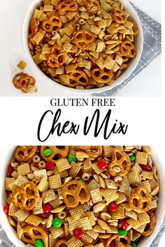 two bowls filled with chex mix and the words gluten free