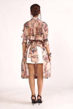 Multi colored long trench coat with all-over floral prints and peplum flanks with back tie up. - Aza Fashions Chic Beige Floral Print Outerwear, Chic Spring Outerwear With Floral Print, Chic Floral Print Outerwear For Spring, Chic Spring Floral Print Outerwear, Elegant Summer Outerwear With Floral Print, Coat For Women, Long Trench, Long Trench Coat, Trench Coats Women