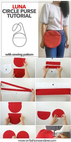 the instructions for how to make a circular purse with red fabric and white trims