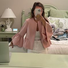 Adorable Thick Blush Jacket. True To Size. Oversized Sleeves With Adorable Ruffle Details. No Closure. Items Can Also Be Purchased Through Instagram! $10 Flat Rate Ground Shipping Message Me @Shelbyanne21 Trendy Long Sleeve Blazer For Brunch, Chic Spring Blazer For Brunch, Feminine Spring Outerwear For Day Out, Chic Fall Outerwear For Brunch, Trendy Spring Outerwear For Brunch, Chic Outerwear For Spring Brunch, Chic Long Sleeve Blazer For Brunch, Pink Long Sleeve Blazer For Brunch, Trendy Spring Brunch Outerwear