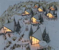 this is an artist's rendering of some houses in the snow with trees around them