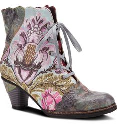 Bohemian Lace-up Boots For Spring, Spring Bohemian Lace-up Boots, Leather Inlay, L'artiste By Spring Step, Spring Boots, Spring Step Shoes, Rubber Boot, Embroidered Leather, Leather Cap