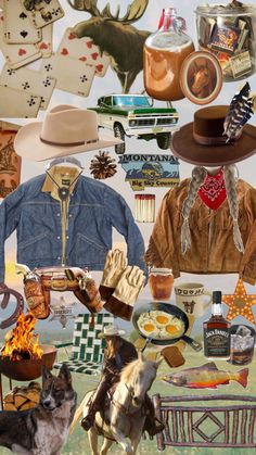 a collage of different items including hats, clothing and other things in the background