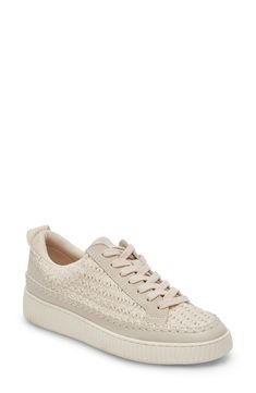 A durable woven upper with boldly whipstitched trim and buttery leather accents lends artisanal flair to a wear-anywhere sneaker. Lace-up style Textile and leather upper/textile lining/rubber sole Imported Casual Textured Sneakers For Spring, Textile Lace-up Sneakers With Textured Upper, Spring Sneakers With Textured Upper And Lace-up, Textile Lace-up Sneakers With Woven Sole, Casual Textile Sneakers With Woven Sole, Comfortable Lace-up Sneakers With Textured Upper, Comfortable Cream Sneakers With Laces, Cream Textile Sneakers With Laces, Comfortable Sneakers With Textured Upper For Spring