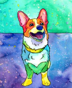 a watercolor painting of a corgi wearing a yellow and blue collar standing in the snow