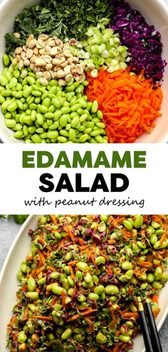 a white bowl filled with different types of vegetables and beans, next to the words edamame salad