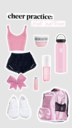 the contents of a pink backpack, water bottle, and other items are arranged on a white background