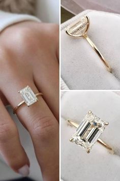 three different views of a woman's engagement ring with an emerald cut diamond in the center