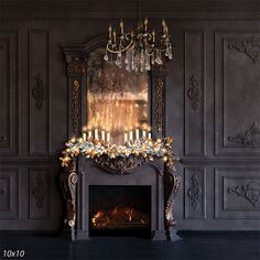 an ornate fireplace with candles in front of it and a chandelier hanging from the ceiling