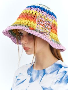 This is a comfortable and casual beanie that is made out of paper made knit fabric. With a trendy and unique design with coarse crochet pattern with multiple colors and unique patchworks, it gives a comfortable and casual look. - Heart and pattern patchwork on the front- Multiple color paper yarn- Wide brim Casual Beanie, Rainbow Hat, Paper Yarn, Rainbow Hats, Color Paper, Summer Hat, Multiple Color, Summer Hats, Wide Brimmed