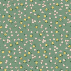 a green background with small yellow and pink flowers on the left side of the image