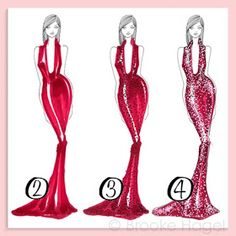 three dresses are shown with the number four on each side and one is in red