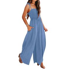 Features: The 2024 summer casual rompers with smocked bodice, square neck and tie knot adjustable spaghetti straps, sleeveless cami tank jumpsuit, sexy low cut on the back, ruffle elastic high waist, fit and flare jumpsuits, casual loose long pants rompers, 2 pockets on the side, classic plain solid color, dressy wide leg maternity rompers, summer outfits. Spaghetti strap design makes you look sexy and wide legs make you look thinner. Casual Cotton Overalls For Vacation, Trendy Spring Jumpsuits And Rompers With Square Neck, Summer Vacation Overalls, Casual Solid Summer Overalls, Casual Solid Color Summer Overalls, Casual Solid Overalls For Summer, Adjustable Straps Jumpsuits And Rompers For Day Out, Non-stretch Cotton Jumpsuits And Rompers For The Beach, Casual Solid Jumpsuits And Rompers With Adjustable Straps