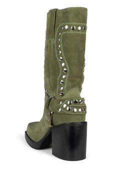 Square-toe mid-calf heeled western boot with stud detail and harness Fits true to size Measurements taken from a size 7 3.25" Heel, 0.75" Platform 10" Shaft, 14" Opening Leather Upper, Leather Lining, Synthetic Sole Silver Boots, Square Toe Boots, Western Boot, Green Suede, Crazy Shoes, Blue Suede, Cowgirl Boots, Ball Dresses, Dusty Blue