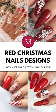 Christmas Nail Designs Short Red, Gel Nail Designs For Long Nails, Christmas Nail Art Designs Snowflakes Red, Red Gel Christmas Nails, Short Xmas Nails Red, Shellac Christmas Nails Designs, December Nails Christmas Xmas Red, Red Nails With Christmas Tree, Red Christmas Nail Designs Short