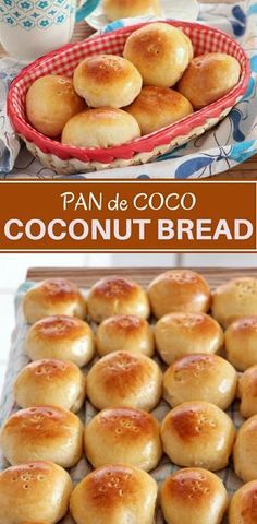 pan de coco coconut bread rolls in a basket and on a table with other baking supplies