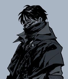 an anime character with black hair and a scarf on his head, standing in front of a gray background